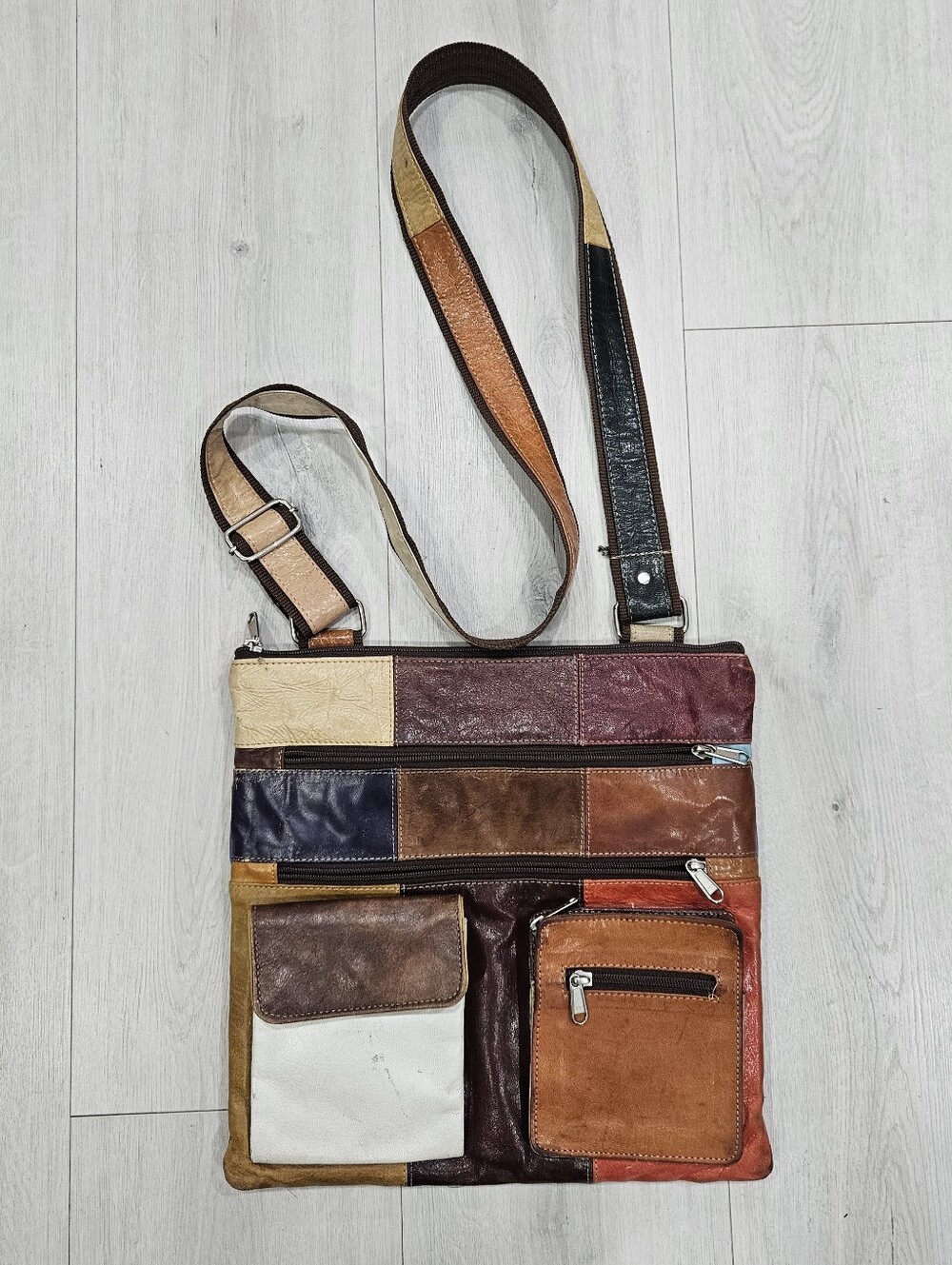 VTG Multicolor Patchwork Leather Crossbody Bag Flat Large Hippie Boho Retro 70s